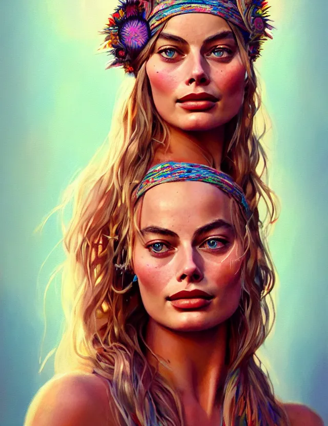 Image similar to portrait of a young margot robbie wearing boho clothing, hippie, long hair, groovy hairband, bangs, intricate, smooth, groovy lighting, highly detailed, digital painting, artstation, concept art, smooth, sharp focus, illustration, art by wlop, mars ravelo and greg rutkowski