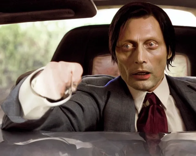 Image similar to Mads Mikkelsen as Vincent Vega in Pulp Fiction car scene movie