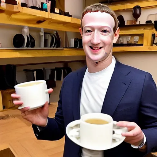 Image similar to mark zuckerberg holding circular wooden coaster and cup up to the camera