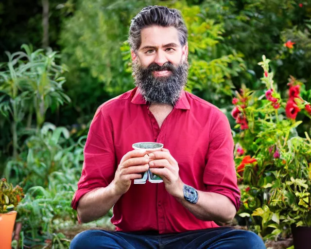 Image similar to mr robert is drinking fresh tea, smoke weed and meditate in a garden from spiral mug, detailed smiled face, short beard, golden hour, red elegant shirt