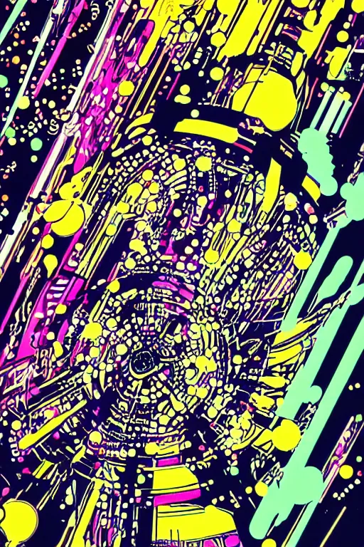 Prompt: futuristic japanese cyberpunk by roy lichtenstein, by andy warhol, ben - day dots, pop art, bladerunner pixiv contest winner, cyberpunk style, cyberpunk color scheme, mechanical, high resolution, hd, intricate detail, fine detail, 8 k