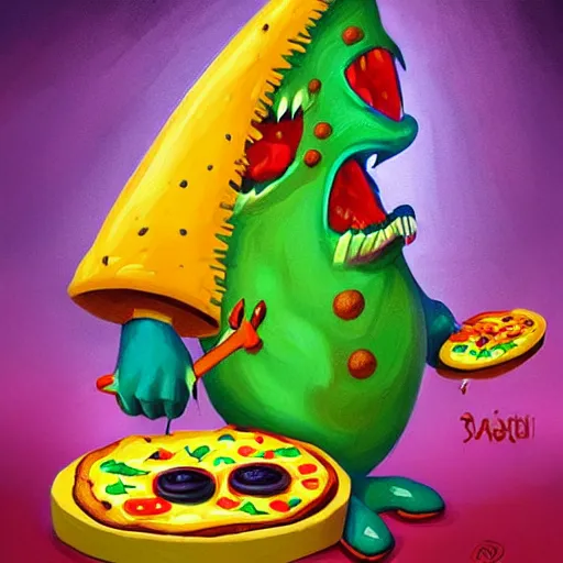 Image similar to pizza monster, colorful, digital art, fantasy, magic, trending on artstation, ultra detailed, professional illustration by Basil Gogos