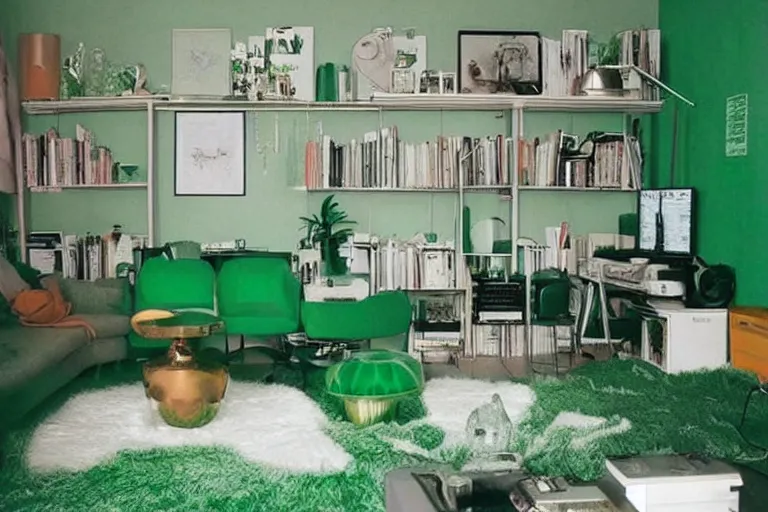 Image similar to apartment organization inspo green and fluffy, in 2 0 5 5, y 2 k cybercore, low - light photography, bathed in the glow of a crt monitor, still from a wes anderson movie