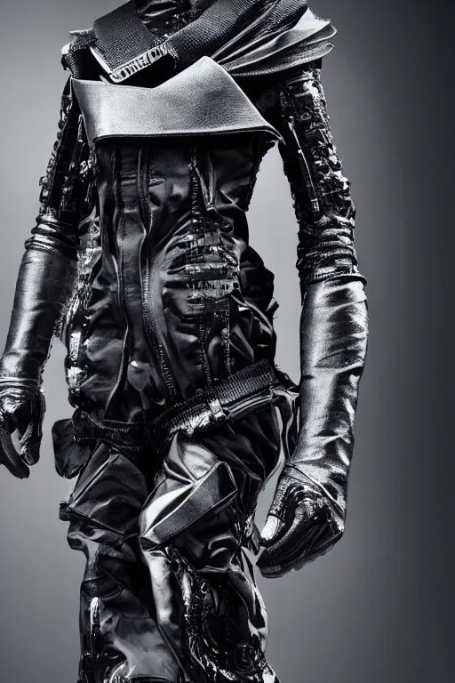 Image similar to avant garde techwear look and clothes, we can see them from feet to head, highly detailed and intricate, luxury, cinematic, rick owens, yohji yamamoto, y 3, outfit photo, hot on r / streetwear, trending on artstation,