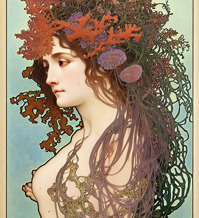 Prompt: realistic detailed face portrait of the goddess of the deep waters with an intricate headdress of corals, sea kelp, sea plants, and fish, art by alphonse mucha, ayami kojima, amano, greg hildebrandt, mark brooks, and ernst haeckel, face in focus, art nouveau, neo - gothic, gothic, neoclassical,