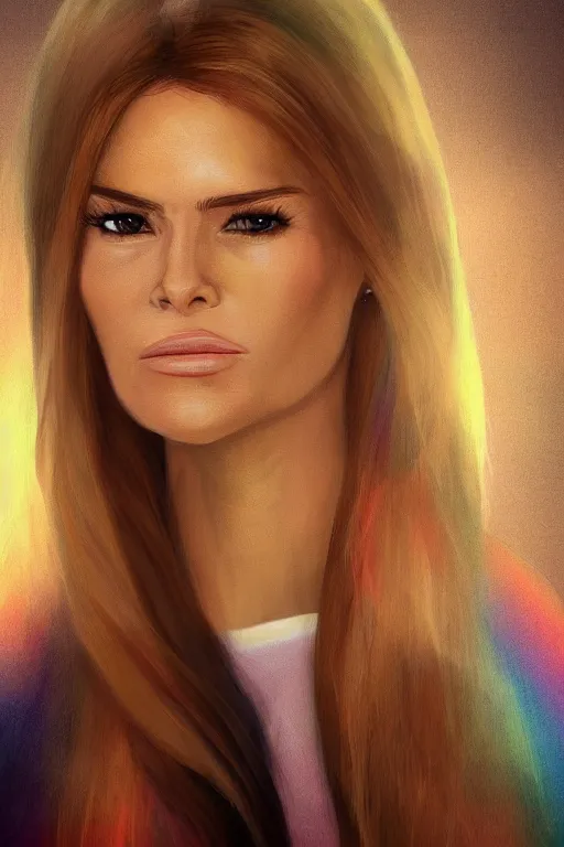 Prompt: portrait of a blend of young maria shriver, mariel hemmingway, melania trump and elle macpherson as an angel, thin lips, hair tied up in a pony tail, rainbow colors, vine, artstation, cgsociety