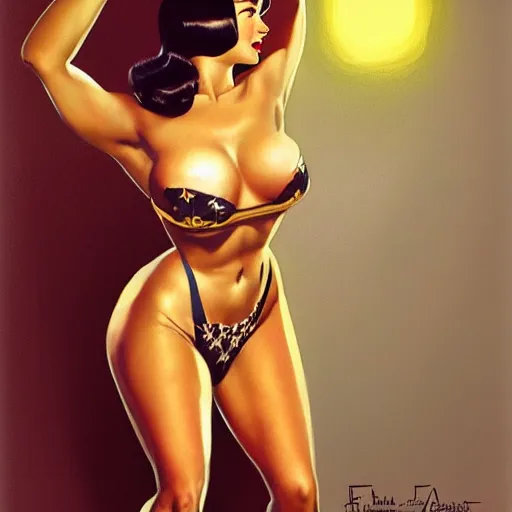 Image similar to portrait of bettie page, intricate, elegant, glowing lights, highly detailed, digital painting, artstation, glamor pose, concept art, smooth, sharp focus, illustration, art by frank frazetta, william mortensen, arny freytag