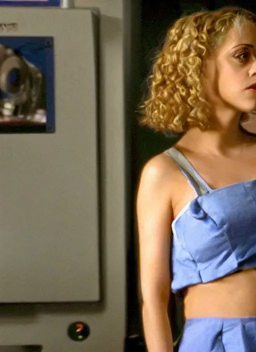 Prompt: movie still of brittany murphy with a very big bust in the tv show the inbetweeners.