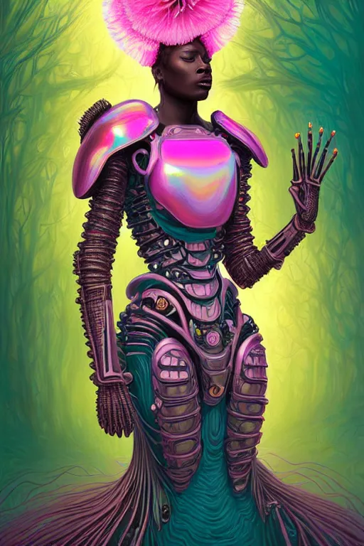 Image similar to illustration neo - victorian cinematic super expressive! yoruba goddess with exoskeleton armor, merging with tree in a forest, pink yellow flowers, highly detailed digital art masterpiece, smooth etienne sandorfi eric zener dramatic pearlescent soft teal light, ground angle hd 8 k, sharp focus