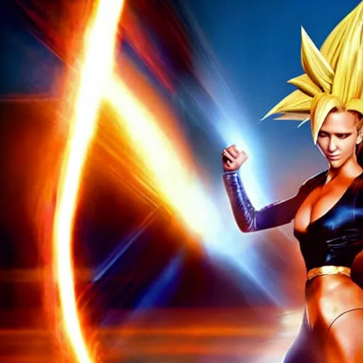 Prompt: photo of jessica alba as super saiyan powering up by annie leibovitz