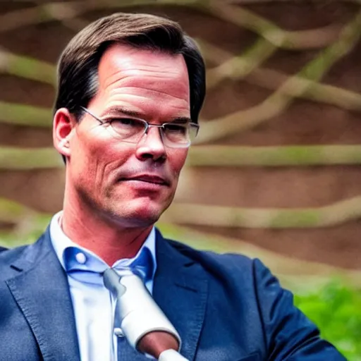 Prompt: Mark Rutte as farmer holding a pitchfork