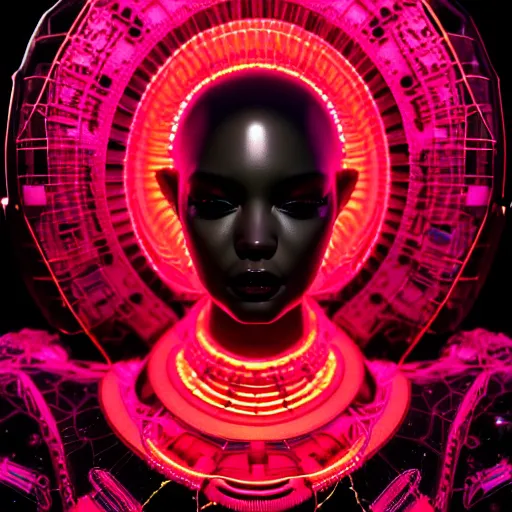 Prompt: portrait of an absurdly beautiful, graceful, sophisticated, fashionable cyberpunk mechanoid gravure idol, hyperdetailed illustration by irakli nadar, adut akech, matt wisniewski style, intricate linework, dark black porcelain skin, jellyfish headdress, unreal engine 5 highly rendered, global illumination, neon red light, detailed and intricate environment