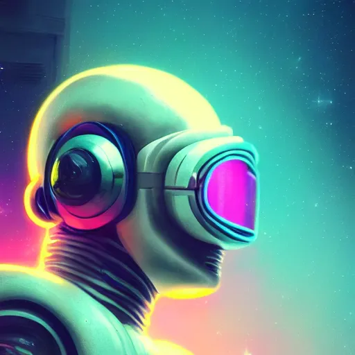 Image similar to cyberpunk astronaut bot, cinema 4 d, galaxy space sci - fi, wearing vr goggles, illustration, portrait, pastel neon textured background night, trending on artstation, greg rutkowski, octane rendered, 1 2 k, detailed,