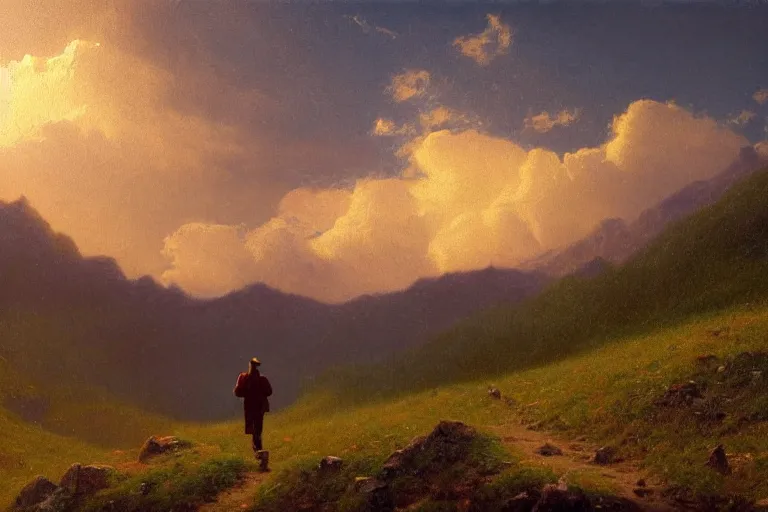Image similar to a traveler wandering trough the mountains looking at the clouds, very detailed, oil painting, cinematic lighting, albert bierstadt, trending on artstation, colorful, canvas, sunset, theodor kittelsen