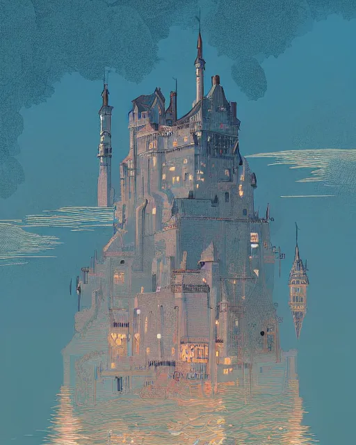 Image similar to a castle on the water, digital art, illustrated by james gurney and victo ngai