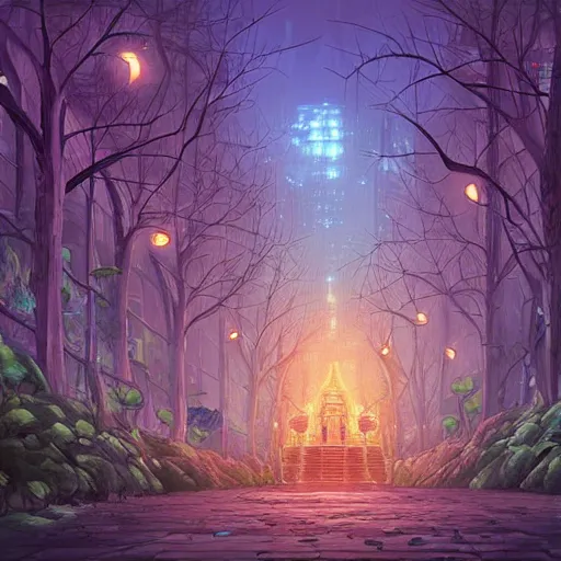 Image similar to street view of gigantic forest temple city at night by cyril rolando and naomi okubo and dan mumford and ricardo bofill