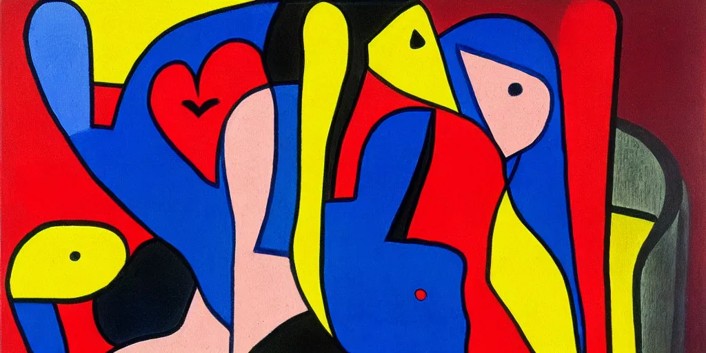 Image similar to a man being overcome by love, blue red black yellow, detailed painting by painting by man ray and pablo amaringo