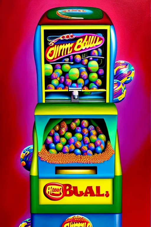 Image similar to a hyperrealistic painting of a gross gum ball machine with ugly prizes, cinematic horror by jimmy alonzo, the art of skinner, chris cunningham, lisa frank, richard corben, highly detailed, vivid color,