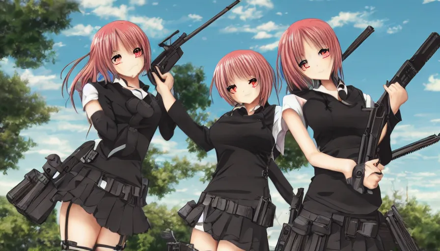 Image similar to anime girls in a gun fight, photorealistic, anime, mini skirt, hyper real, detailed, wide angle shot