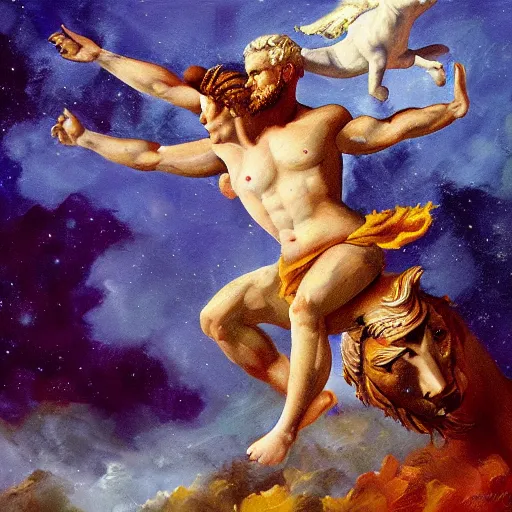 Image similar to a beautiful impasto oil painting of europa riding on zeus as a taurus by andy warholl, digital art