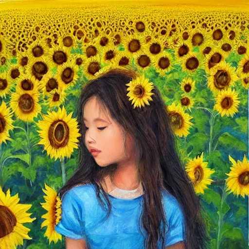 Prompt: a girl in amazing tall sunflower field, her hair flowing down, little sunflower in her hair, subtle, intricate details, real masterpiece, oil on canvas, by somsak anong