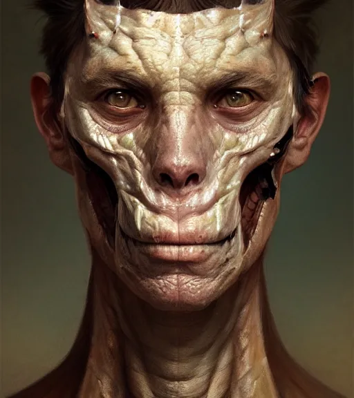 Image similar to portrait of a man, left side of face normal, right side skin injured torn revealing dinosaur skin, highly detailed, digital painting, artstation, concept art, smooth, sharp focus, illustration, art by wlop, mucha, artgerm, and greg rutkowski