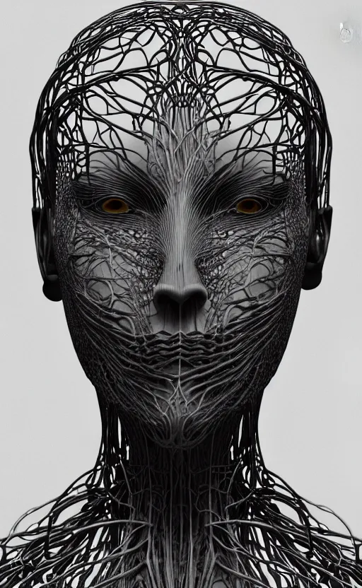 Image similar to black and white complex 3d render of a beautiful profile woman face, vegetal dragon cyborg, 150 mm, silver magnolia stems, roots, fine lace, maze like, mandelbot fractal, anatomical, facial muscles, cable wires, microchip, elegant, highly detailed, black metalic armour, rim light, octane render, H.R. Giger style