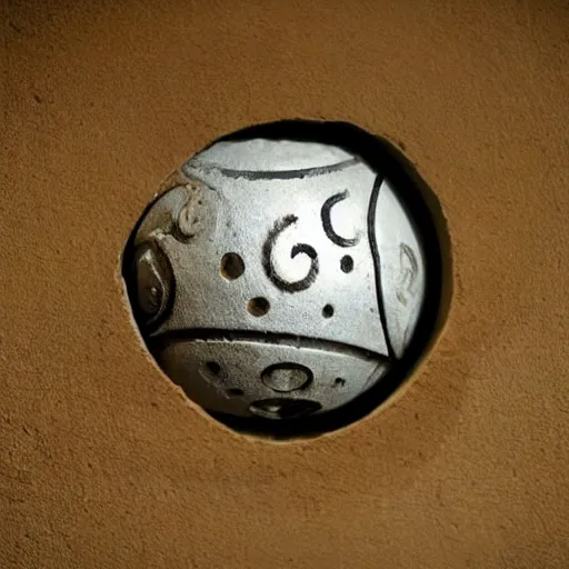 Prompt: an iron ball with weird symbols engraved on it, the ball is on a pedestal. the light enter the room by a hole in the ceiling. close - up. art modern.