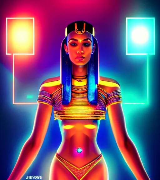 Image similar to symmetry!! egyptian princess of technology, solid cube of light, hard edges, product render retro - futuristic poster scifi, lasers and neon circuits, brown skin gorgeous egyptian princess, intricate, elegant, highly detailed, digital painting, artstation, concept art, smooth, sharp focus, illustration, dreamlike, art by artgerm