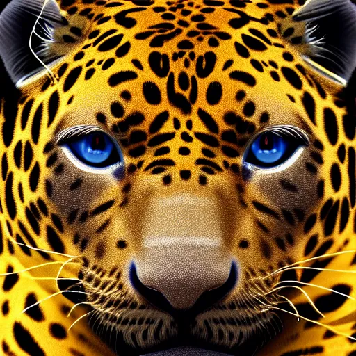 Image similar to golden jaguar with glowing blue eyes, octane render