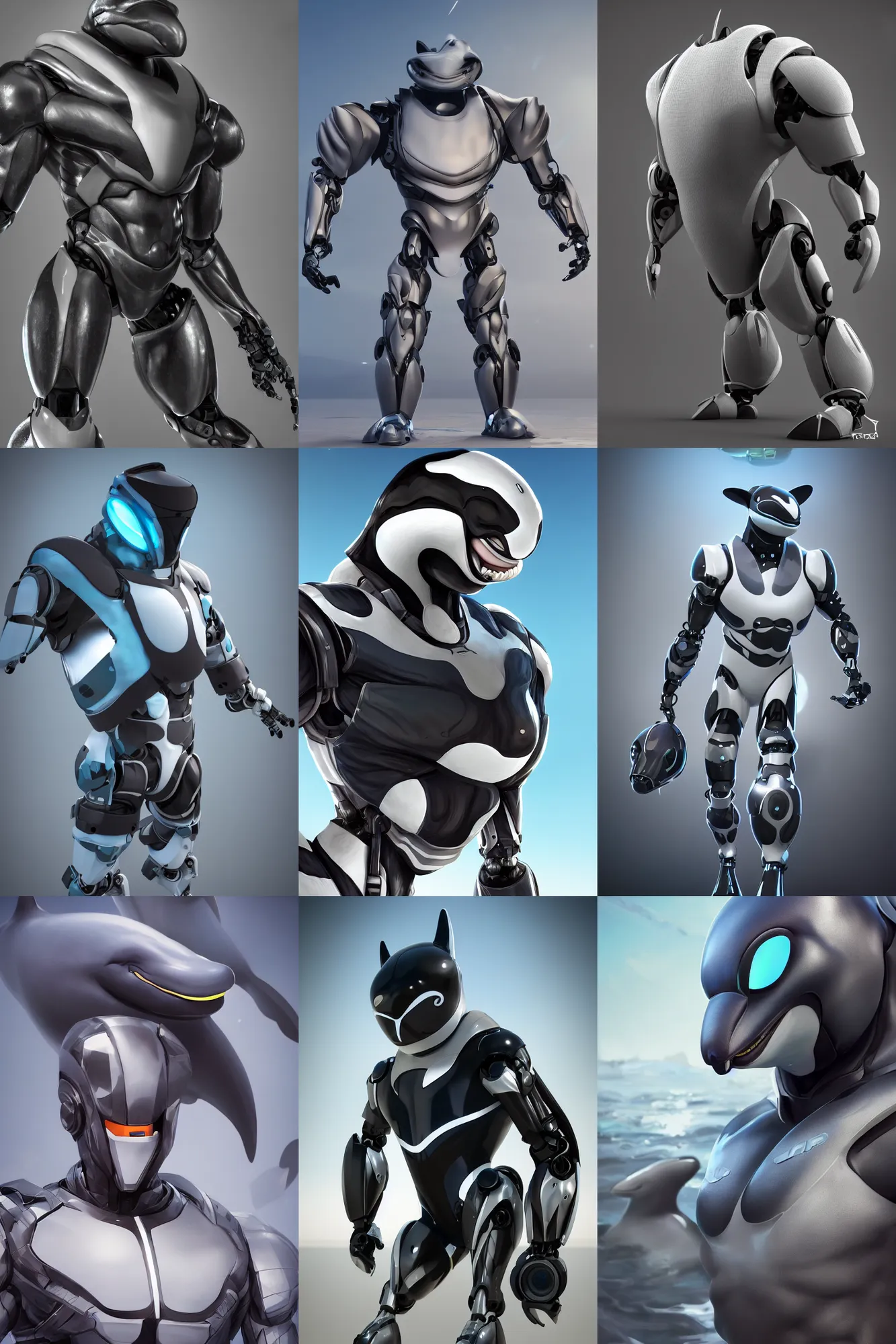 Prompt: muscular male robotic anthro orca, visor screen for face, dolphin snout under visor, commission on furaffinity, highly detailed 3 d art, cgsociety, octane render