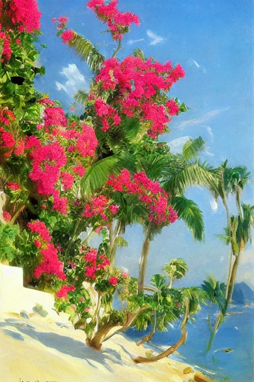 Prompt: sun in the sky blazing, beach, bunch of roses on the sea surface, bougainvillea palms, painting by john singer sargent