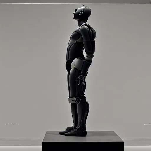 Image similar to “a realistic detailed photo of a guy who is an attractive humanoid who is half robot and half humanoid, who is a male android, American freestyle and folkstyle wrestler from Oklahoma AJ Ferrari, shiny skin, posing like a statue, blank stare, at a museum, on display”