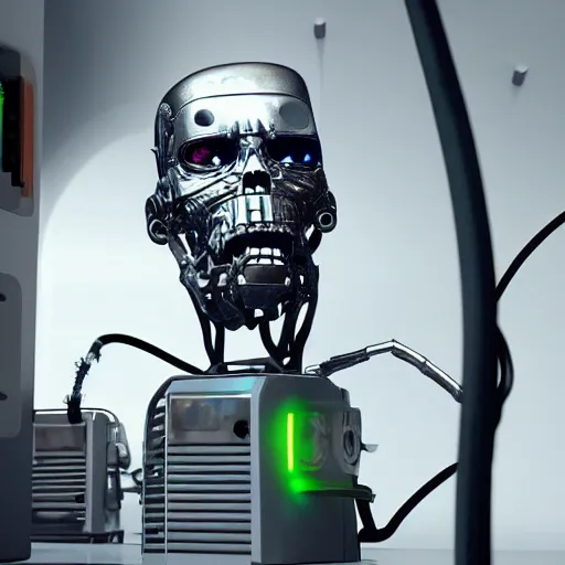 Image similar to photorealistic torso of a terminator with borg implants and a human face is hanging from cables and wires off the ceiling of an futuristic abandoned computer room and plugged into a quantum computer that's visible in the background. bottom half of the terminator's body is missing with cables sticking out. The Terminator is taking a sip from a cup of coffee. Tiny green led lights in the terminator's cybernetics. very detailed 8k. Cyberpunk horror style.