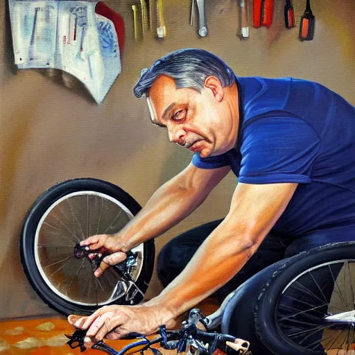 Image similar to viktor orban repairing a bicycle, oil painting