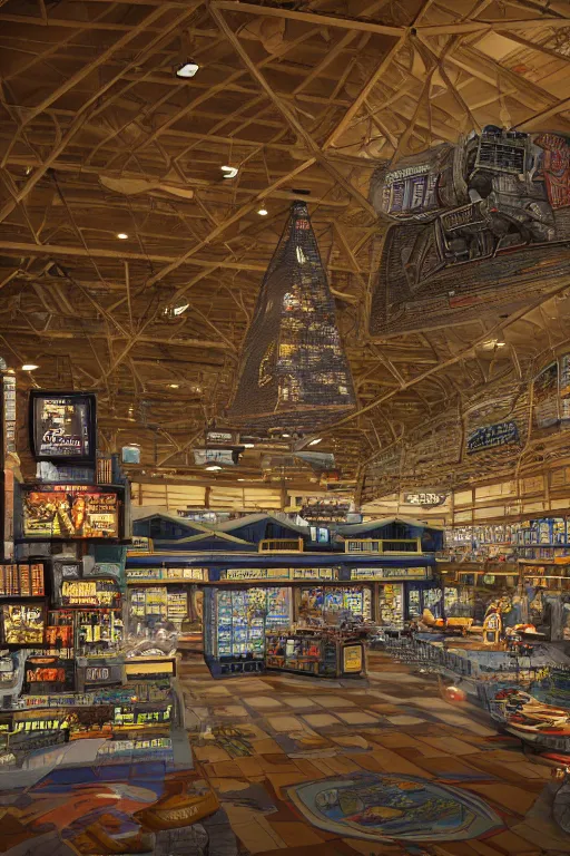 Prompt: Cybertronian Bass Pro Shop Memphis Pyramid, long shot, cinematography by Wes Anderson, 4k octane render, intricate detail, photorealistic , cinematic lighting, Artstation