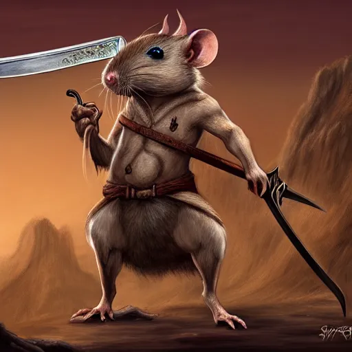 Image similar to antropomorphic rat character buying a sword made out of bone from a trader rat, fantasy art, digital art, fantasy art, matte painting