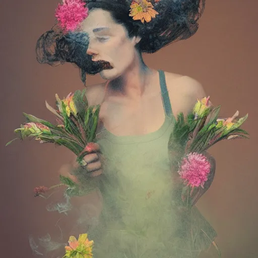 Image similar to portrait of a Smokey woman made of flowers and smoke