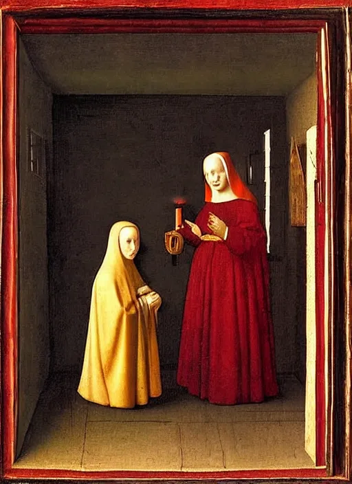 Image similar to red candle, medieval painting by jan van eyck, johannes vermeer, florence