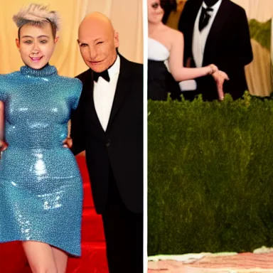 Image similar to a photograph of Miley Cyrus standing next to Patrick Stewart at the Met Gala