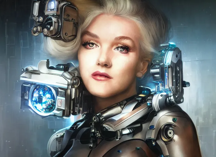 Image similar to Ultra realistic full shot of a cyborg Marilyn Monro,cyberpunk,sci-fi, fantasy,Kodak , colour led, soft light, volumetric lighting ,night, intricate, elegant, highly detailed, digital painting, artstation, concept art, smooth, sharp focus, illustration,art by artgerm and greg rutkowski and alphonse mucha