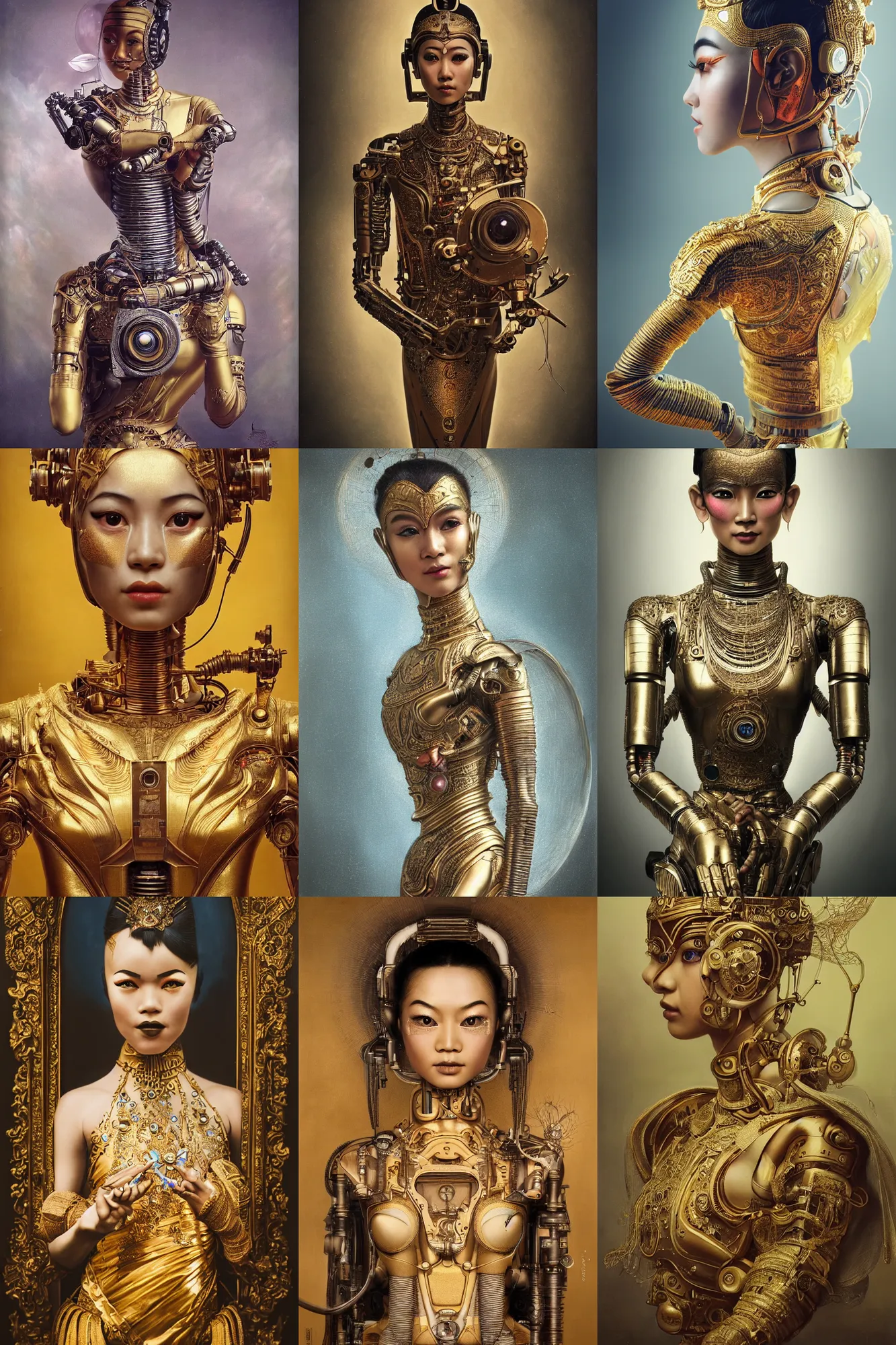 Prompt: a beautiful ultradetailed vintage photo of a futuristic cyborg classical thai dancer, by tom bagshaw and anna dittman, portrait, 2 4 mm lens, golden ratio composition, detailed face, techno eye, studio photography, very detailed, cyborg in the style of jan van eyck, industrial robots, artstation, 8 k, highly coherent