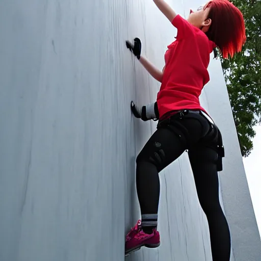 Image similar to anime waifu climbing a wall