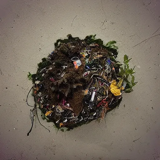 Prompt: “analogue moody details photo of plant made of garbage and body parts”