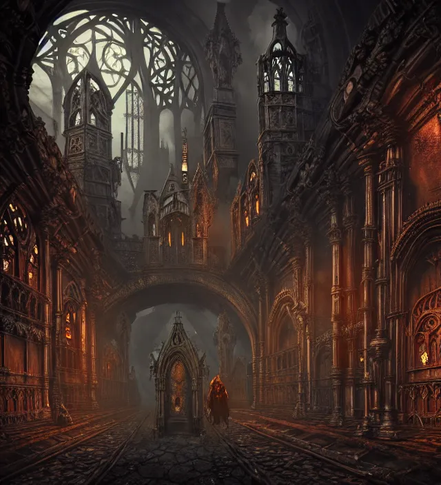 Image similar to steam necropolis, memento mori, gothic, neo - gothic, art nouveau, hyperdetailed copper patina medieval icon, stefan morrell, philippe druillet, ralph mcquarrie, concept art, steampunk, unreal engine, detailed intricate environment, octane render, moody atmospherics, volumetric lighting, ultrasharp, ominous, otherworldly