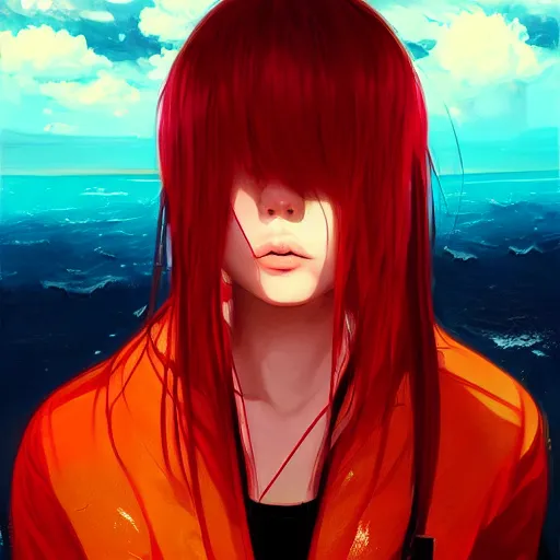 Image similar to red water dripping on rimuru tempest crying, enveloped in crimson trails, sky blue straight hair, bangs, with amber eyes, black jacket, high collar, ultra fine detaile, dark theme, digital painting, psychedelic, cinematic, wlop, pixiv, ilya kuvshinov, ross tran