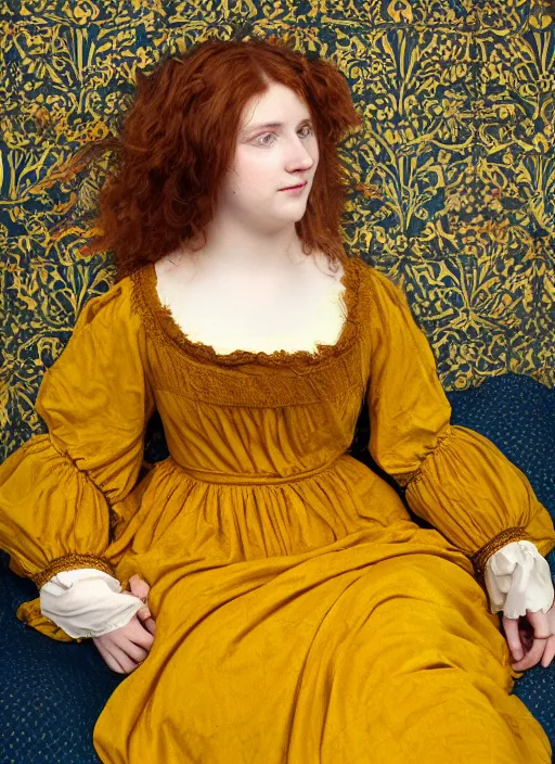 Prompt: preraphaelite portrait photography reclining on bed, brown hair fringe, yellow ochre ornate medieval dress, william morris, 4 k