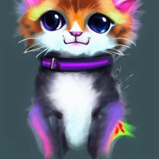 Image similar to wide angle full body, of a fluffy cute rainbow kitten wearing a black motorcycle jacket, concept art