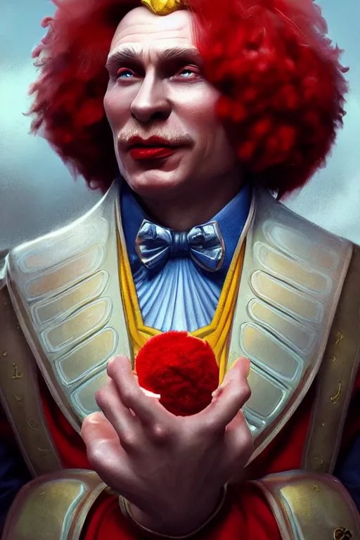 Prompt: vladimir putin as ronald mcdonald, closeup, d & d, fantasy, intricate, elegant, highly detailed, digital painting, artstation, concept art, matte, sharp focus, illustration, hearthstone, art by artgerm and greg rutkowski and alphonse mucha