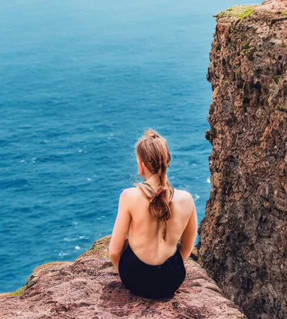 Image similar to a 4 k photorealistic photo of a girl sitting on a cliff overlooking a beach